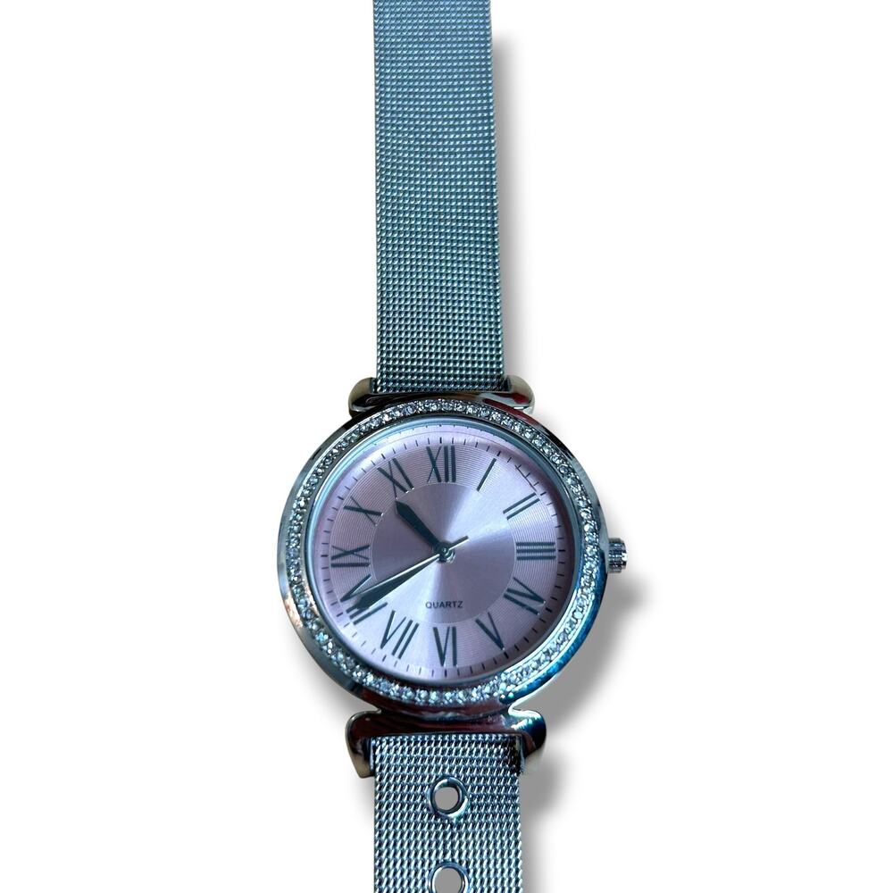 Pink Face Rhinestone Bezel Watch Silver Tone Mesh Band Working Watch